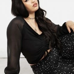 MET1 Maria Ruched Sheer Sleeve Top