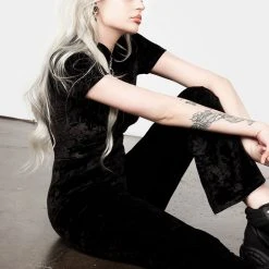 AMP1 Foxy Zip Up Velour Flared Jumpsuit