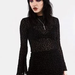 MET1 LOVESPELL FLOCKED MESH LONG SLEEVE TOP