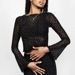 MET1 LOVESPELL FLOCKED MESH LONG SLEEVE TOP